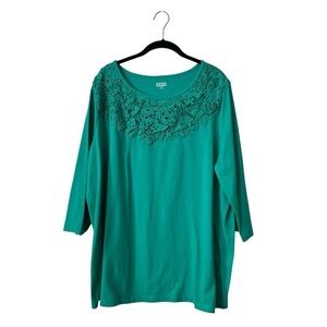 American Sweetheart Top Women's Size XX Green Lace Floral Round Neck 3/4 Sleeve